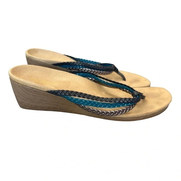 Vionic Orthaheel sandals 10 Ramba blue black pewter braid strap flip flop wedge - Picture 3 of 7